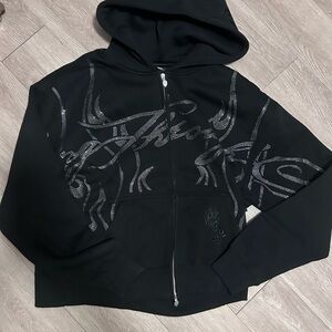 Black Zip-Up Hooded Sweater with Silver Graphic